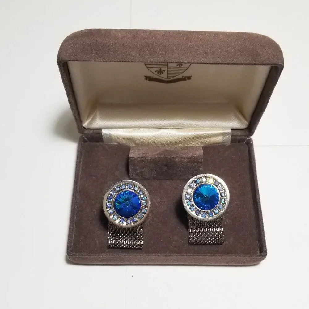 Vintage Rivoli Blue and Aurora Rhinestones Cufflinks Set - Picture 6 of 6